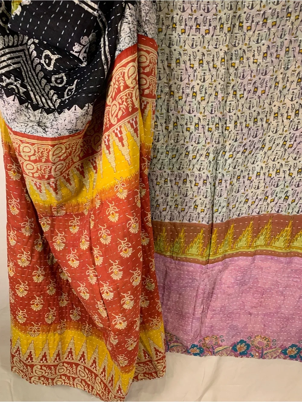 Handmade Kantha Quilt Twin Size Recycled Sari Cotton Grey Mustard Rust Black